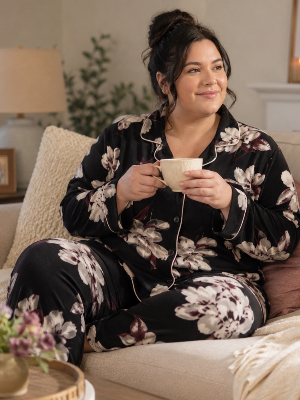 Joyspun 2X Black Floral Pajamas Women's Plus Size Soft Knit Lounge Sleep Set